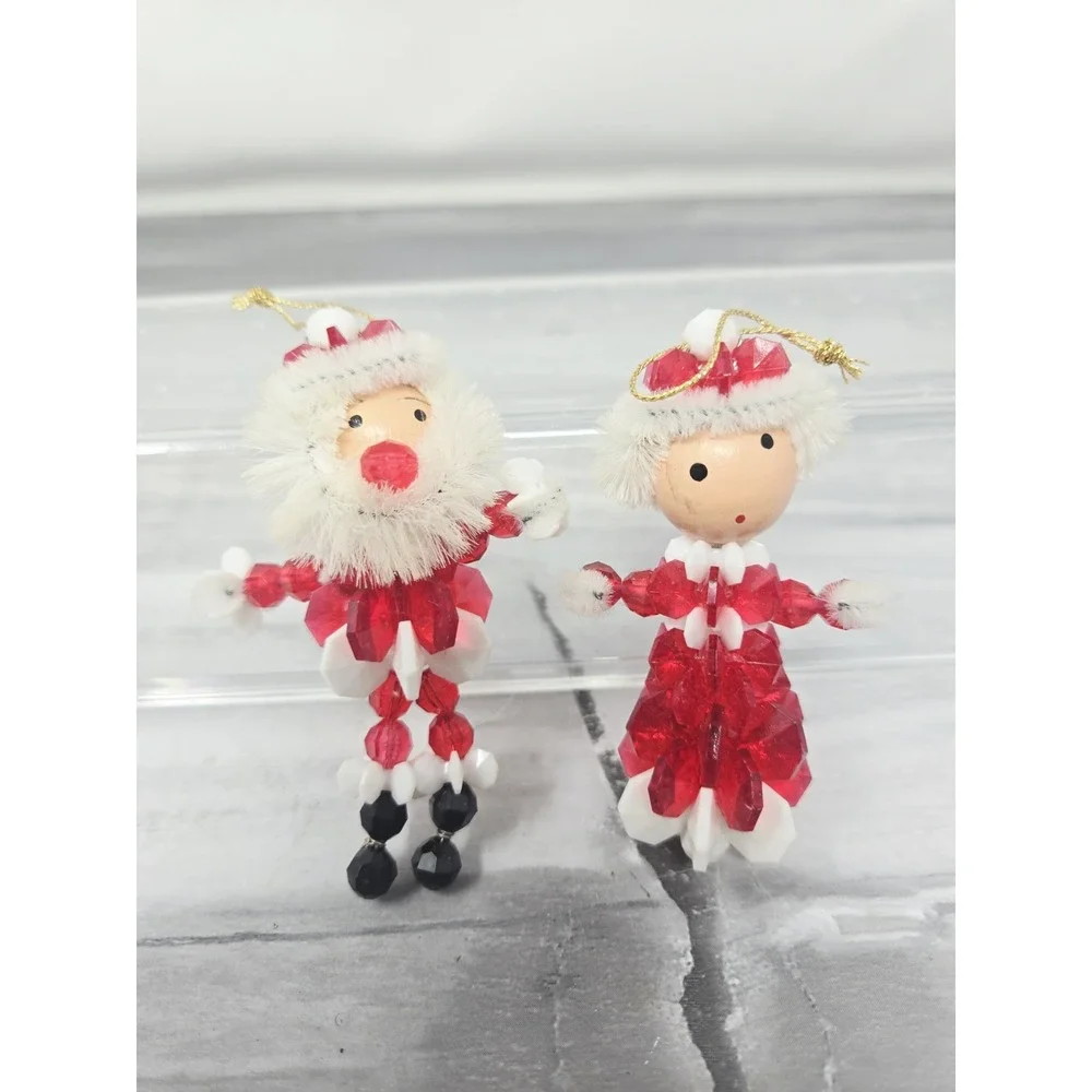 Vintage Safety‎ Pin Ornaments Beaded Handmade Christmas Santa  Mrs Claus 1960's